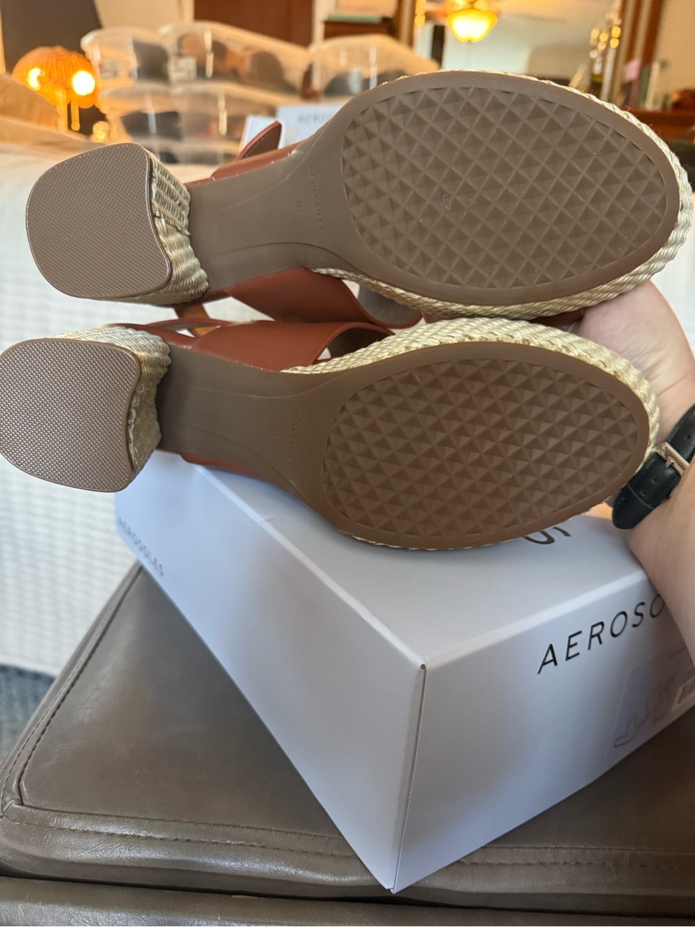 AEROSOLES Camera Gingerbread Brown Leather Woven Platform Sandals - Picture 4 of 7